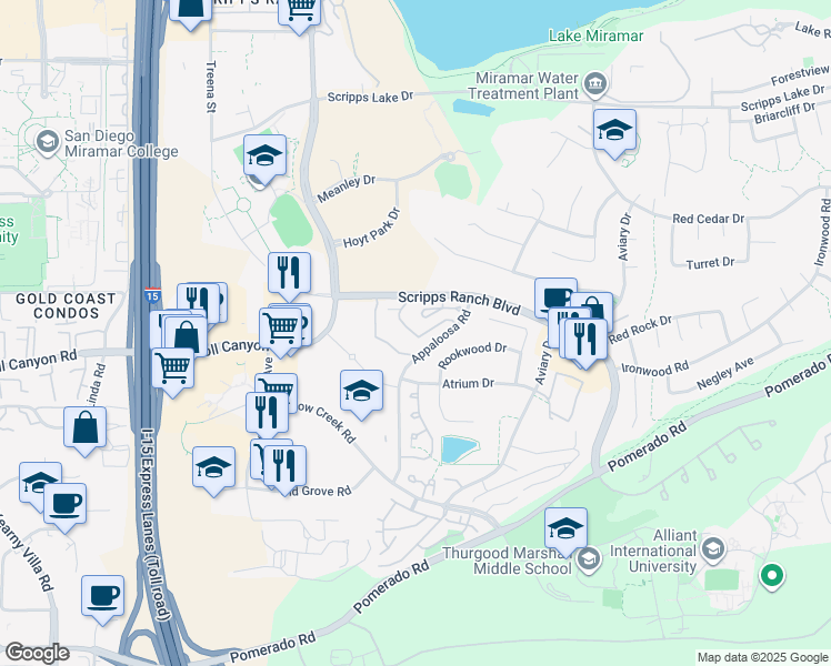 map of restaurants, bars, coffee shops, grocery stores, and more near 10280 Caminito Rio Branco in San Diego