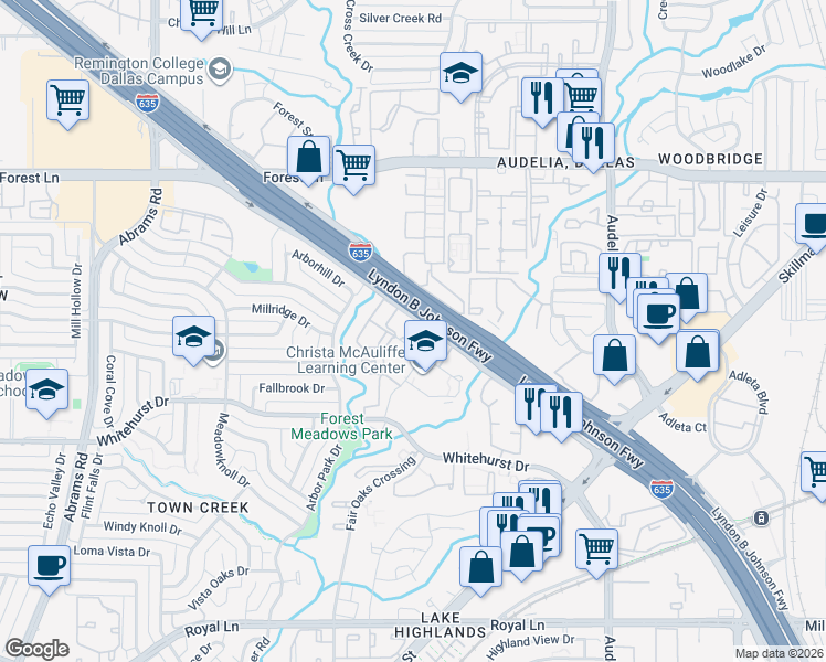 map of restaurants, bars, coffee shops, grocery stores, and more near 9701 West Ferris Branch Boulevard in Dallas