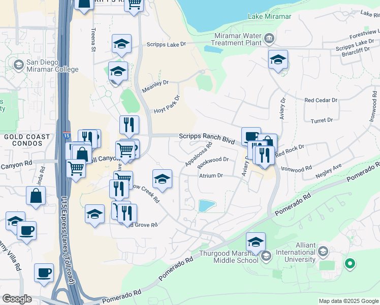 map of restaurants, bars, coffee shops, grocery stores, and more near 10280 Caminito Rio Branco in San Diego