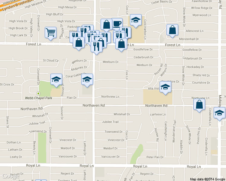 map of restaurants, bars, coffee shops, grocery stores, and more near 3752 Alta Vista Lane in Dallas