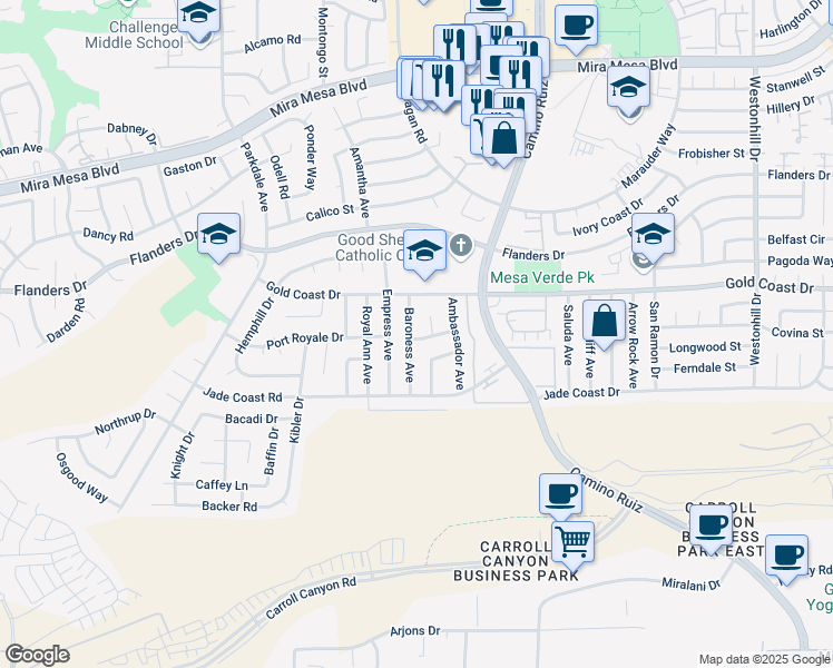 map of restaurants, bars, coffee shops, grocery stores, and more near 10239 Baroness Avenue in San Diego