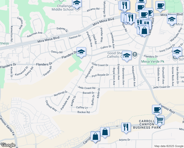 map of restaurants, bars, coffee shops, grocery stores, and more near 10262 Kaiser Place in San Diego