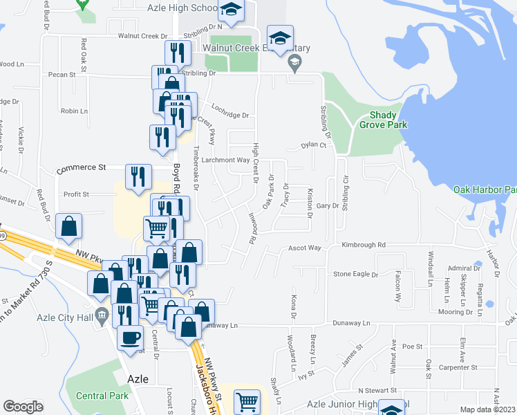map of restaurants, bars, coffee shops, grocery stores, and more near 713 Oak Park Drive in Azle