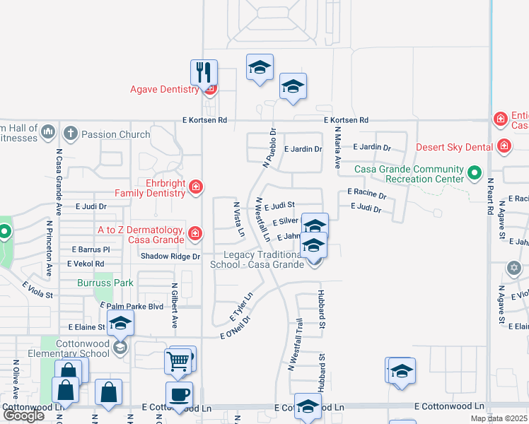 map of restaurants, bars, coffee shops, grocery stores, and more near 1203 East Judi Street in Casa Grande