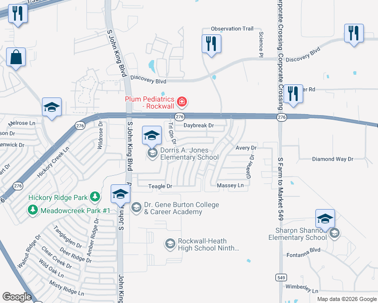 map of restaurants, bars, coffee shops, grocery stores, and more near 2431 Fieldcrest Drive in Rockwall