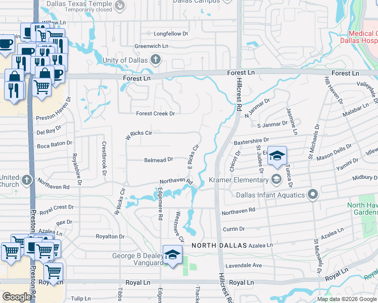 map of restaurants, bars, coffee shops, grocery stores, and more near 11421 East Ricks Circle in Dallas