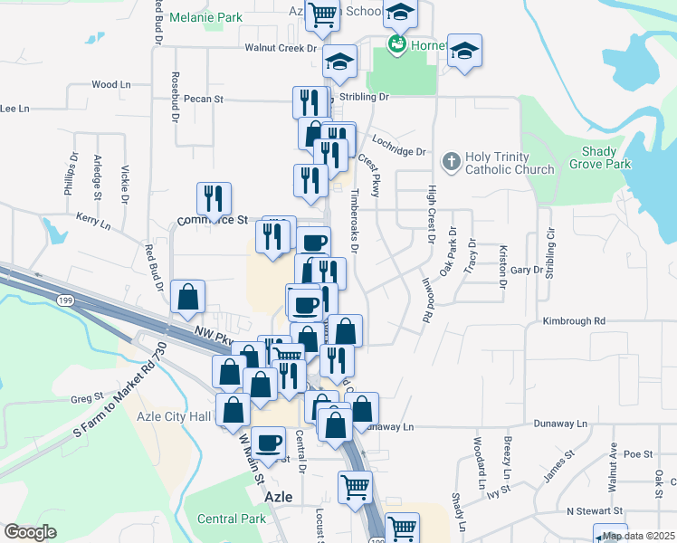 map of restaurants, bars, coffee shops, grocery stores, and more near 712 Boyd Road in Azle