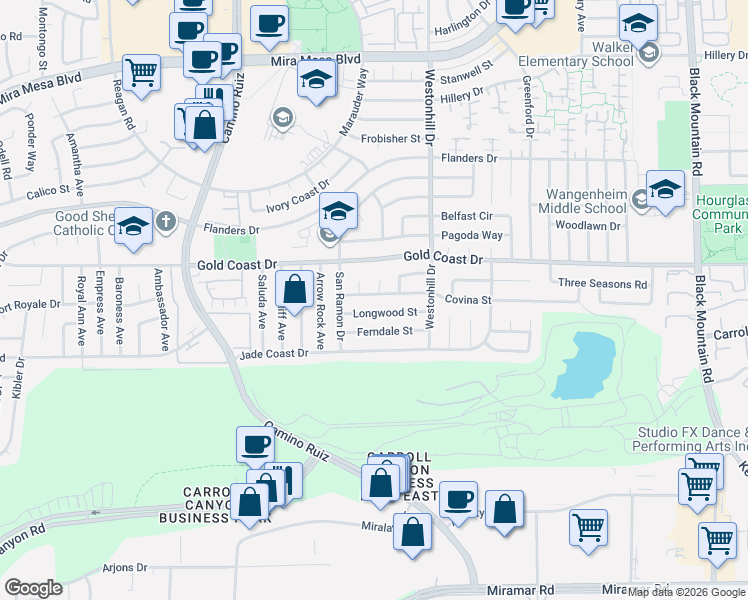 map of restaurants, bars, coffee shops, grocery stores, and more near 8615 Covina Street in San Diego
