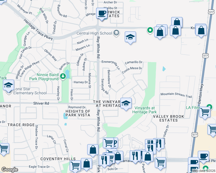 map of restaurants, bars, coffee shops, grocery stores, and more near 9005 Belvedere Drive in Fort Worth