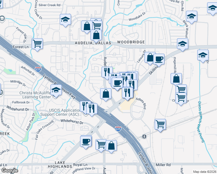 map of restaurants, bars, coffee shops, grocery stores, and more near 126 Summertree Lane in Dallas