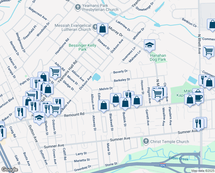 map of restaurants, bars, coffee shops, grocery stores, and more near 1108 Melvin Drive in Hanahan