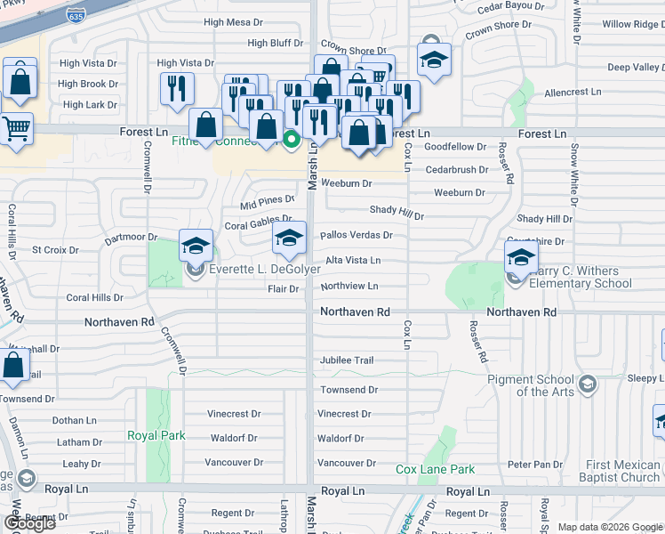 map of restaurants, bars, coffee shops, grocery stores, and more near 3720 Alta Vista Lane in Dallas