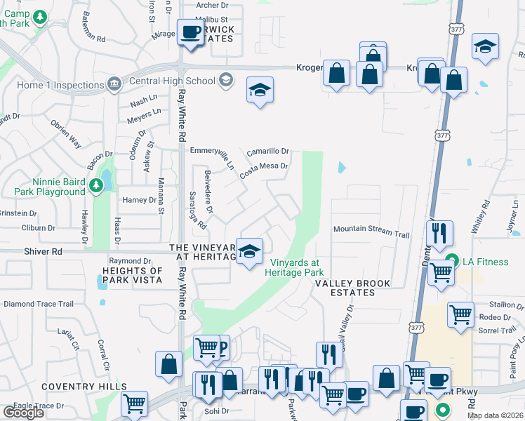 map of restaurants, bars, coffee shops, grocery stores, and more near 5441 Temecula Road in Fort Worth