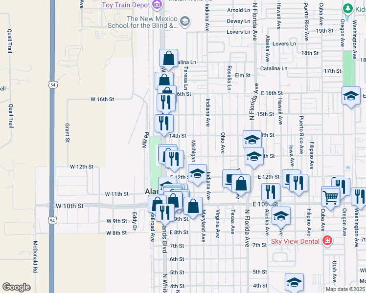 map of restaurants, bars, coffee shops, grocery stores, and more near 1312 North New York Avenue in Alamogordo