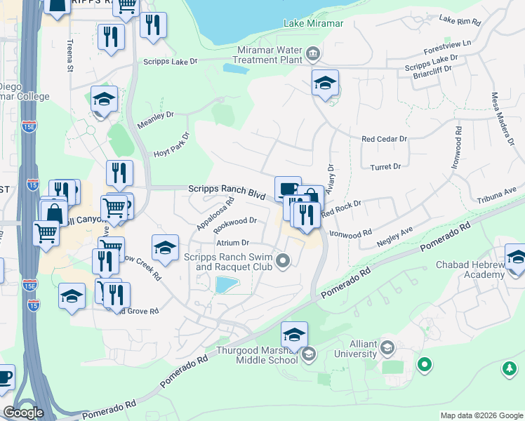 map of restaurants, bars, coffee shops, grocery stores, and more near 10697 Arboretum Place in San Diego
