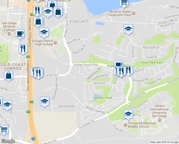 map of restaurants, bars, coffee shops, grocery stores, and more near 10371 Caminito Rio Branco in San Diego