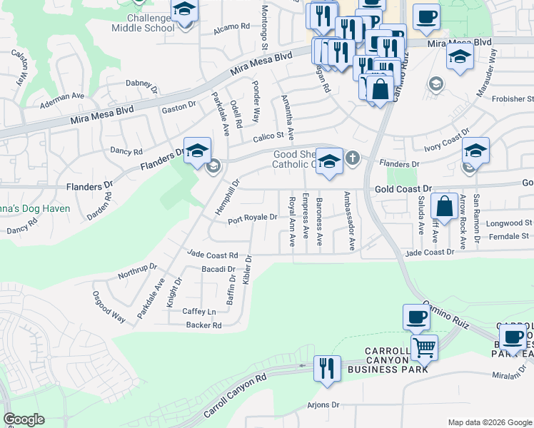 map of restaurants, bars, coffee shops, grocery stores, and more near 7994 Port Royale Drive in San Diego