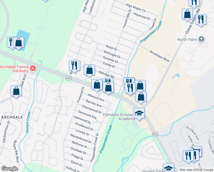 map of restaurants, bars, coffee shops, grocery stores, and more near 7645 Warsaw Road in North Charleston
