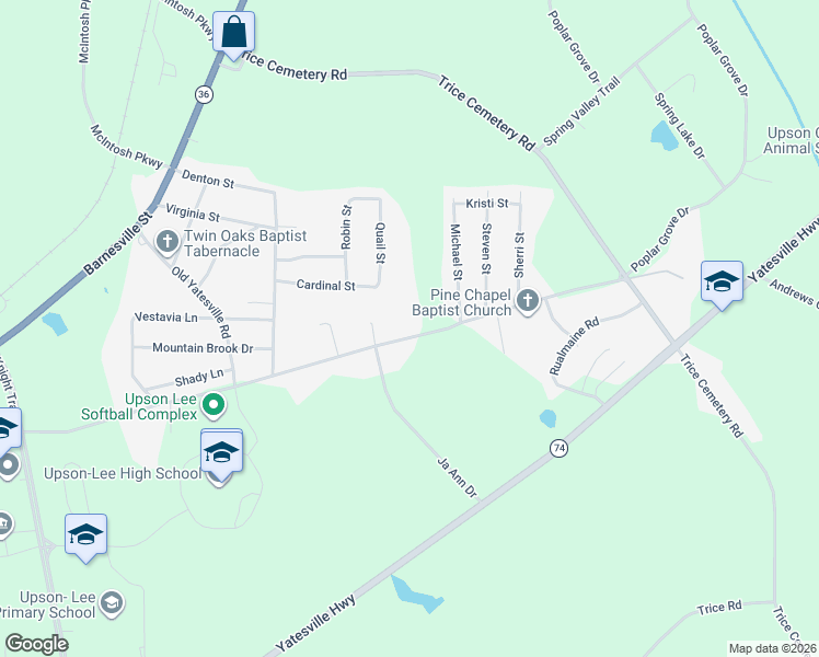 map of restaurants, bars, coffee shops, grocery stores, and more near 653 Tom McKinley Road in Thomaston