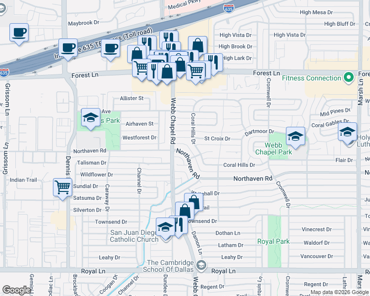 map of restaurants, bars, coffee shops, grocery stores, and more near 3173 Northaven Road in Dallas