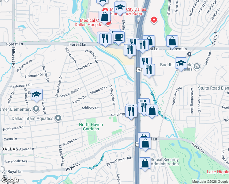 map of restaurants, bars, coffee shops, grocery stores, and more near 11336 Valleydale Drive in Dallas