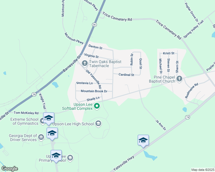 map of restaurants, bars, coffee shops, grocery stores, and more near 1148 Vestavia Lane in Thomaston