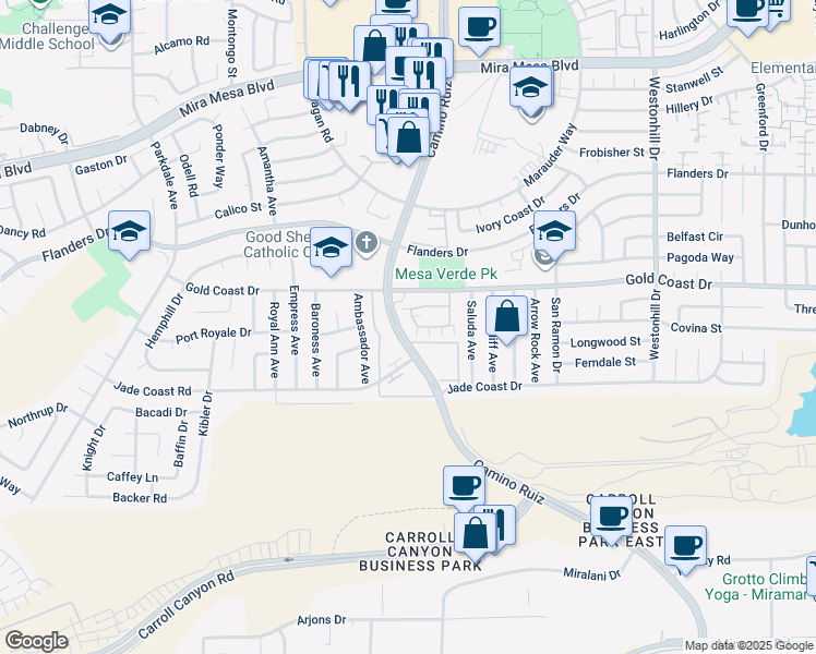 map of restaurants, bars, coffee shops, grocery stores, and more near 8323 Gold Coast Drive in San Diego