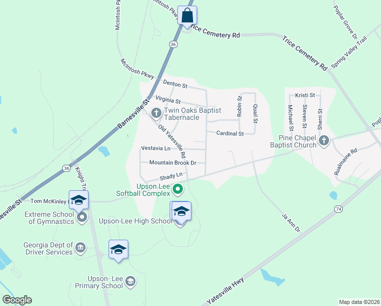 map of restaurants, bars, coffee shops, grocery stores, and more near 1148 Vestavia Lane in Thomaston