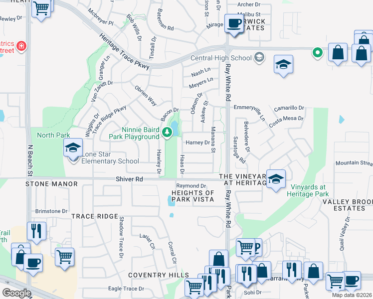 map of restaurants, bars, coffee shops, grocery stores, and more near 9001 Haas Drive in Fort Worth