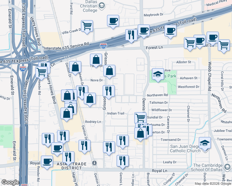 map of restaurants, bars, coffee shops, grocery stores, and more near 2761 Northaven Road in Dallas