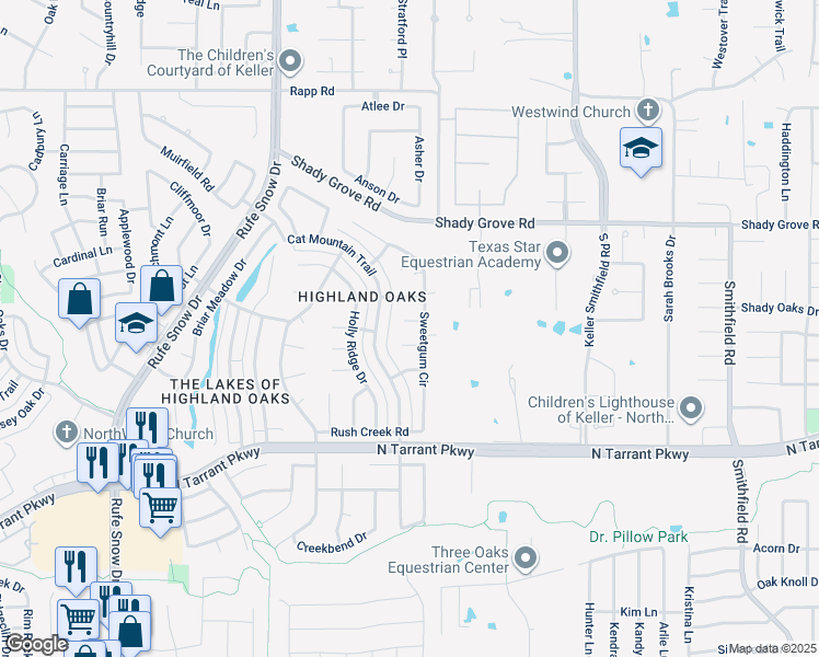 map of restaurants, bars, coffee shops, grocery stores, and more near 1002 Red Oak Court in Keller
