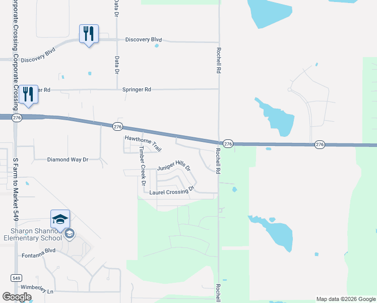 map of restaurants, bars, coffee shops, grocery stores, and more near 3857 Pinebluff Lane in Rockwall