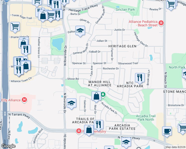map of restaurants, bars, coffee shops, grocery stores, and more near 9016 Tate Avenue in Fort Worth