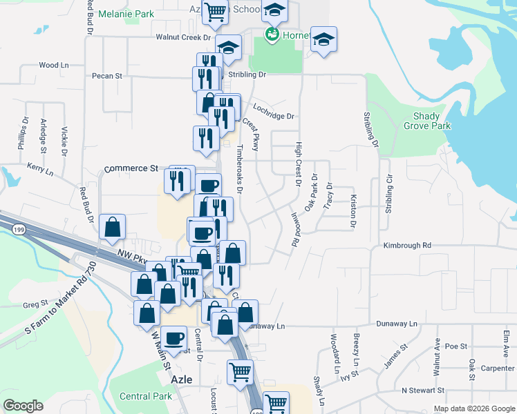 map of restaurants, bars, coffee shops, grocery stores, and more near 321 High Crest Drive in Azle