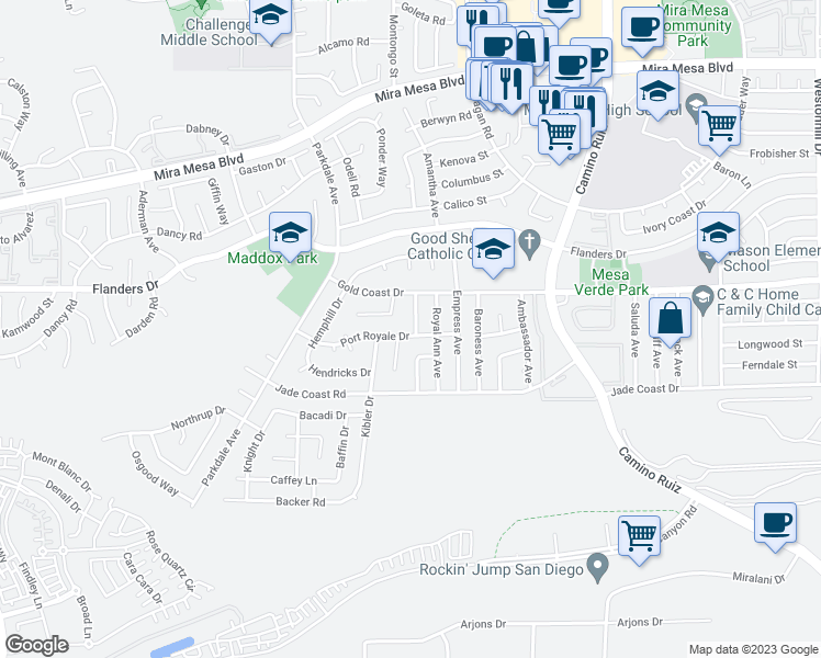 map of restaurants, bars, coffee shops, grocery stores, and more near 7994 Port Royale Drive in San Diego