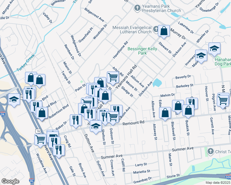 map of restaurants, bars, coffee shops, grocery stores, and more near 1235 Yeamans Hall Road in Hanahan