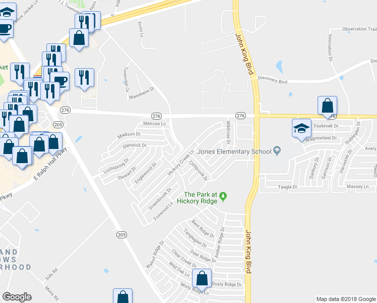 map of restaurants, bars, coffee shops, grocery stores, and more near 1646 Hickory Creek Lane in Rockwall