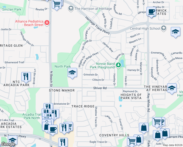 map of restaurants, bars, coffee shops, grocery stores, and more near 4829 Grinstein Drive in Fort Worth