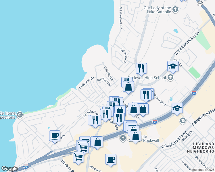 map of restaurants, bars, coffee shops, grocery stores, and more near 645 Stafford Circle in Rockwall