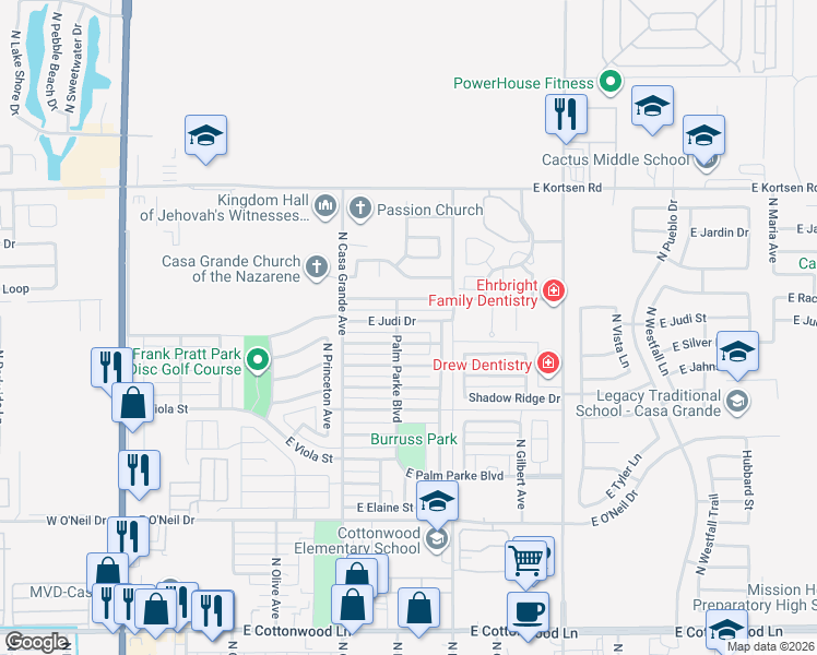 map of restaurants, bars, coffee shops, grocery stores, and more near 620 East Silver Reef Road in Casa Grande