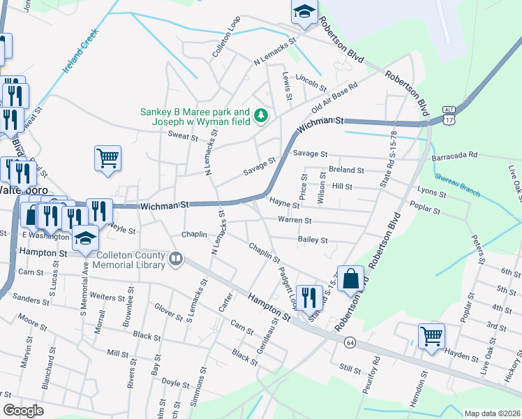 map of restaurants, bars, coffee shops, grocery stores, and more near 119 Padgett Loop in Walterboro