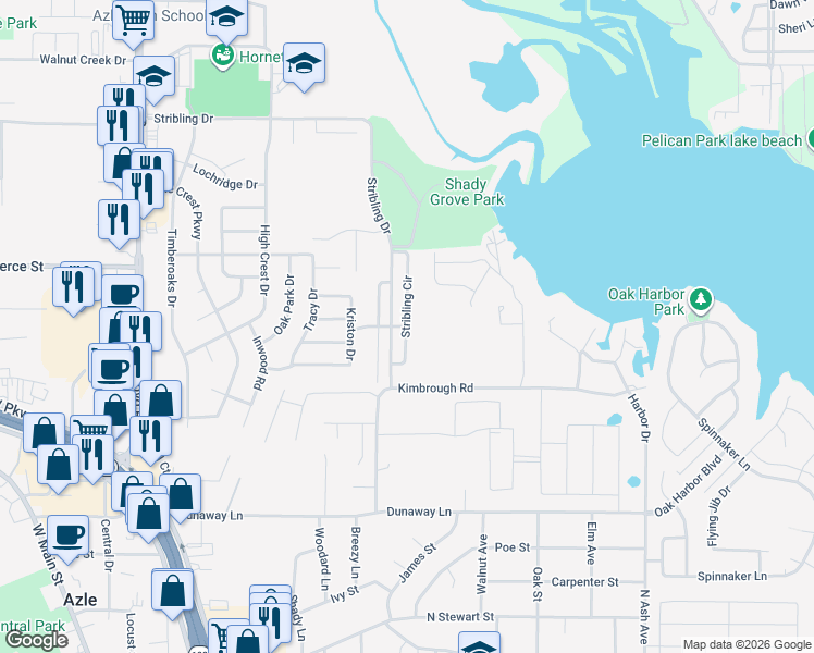map of restaurants, bars, coffee shops, grocery stores, and more near 701 Stribling Circle in Azle