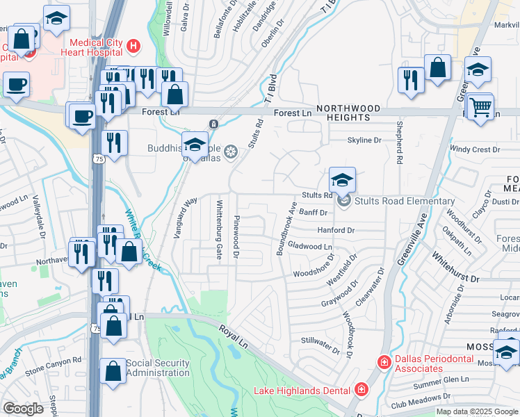 map of restaurants, bars, coffee shops, grocery stores, and more near 8431 Greenstone Drive in Dallas