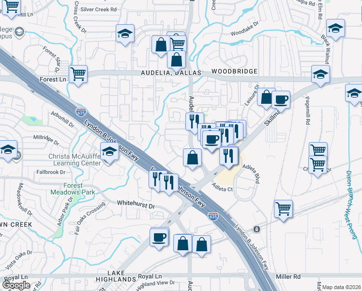 map of restaurants, bars, coffee shops, grocery stores, and more near 9720 Summerwood Circle in Dallas