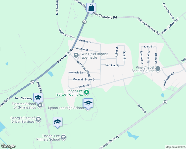 map of restaurants, bars, coffee shops, grocery stores, and more near 1148 Vestavia Lane in Thomaston