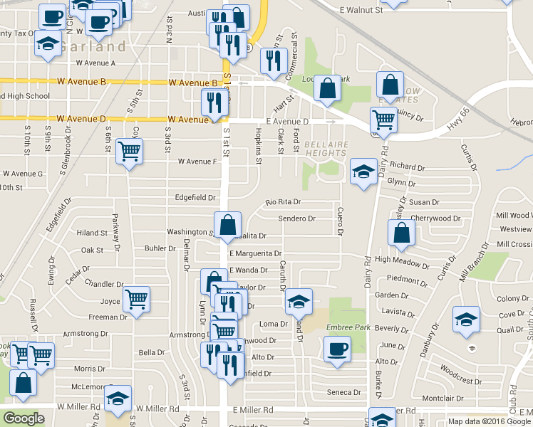 map of restaurants, bars, coffee shops, grocery stores, and more near 139 Sendero Dr in Garland