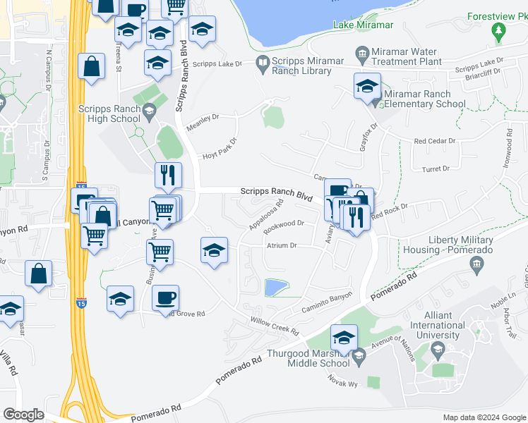 map of restaurants, bars, coffee shops, grocery stores, and more near 10371 Caminito Rio Branco in San Diego