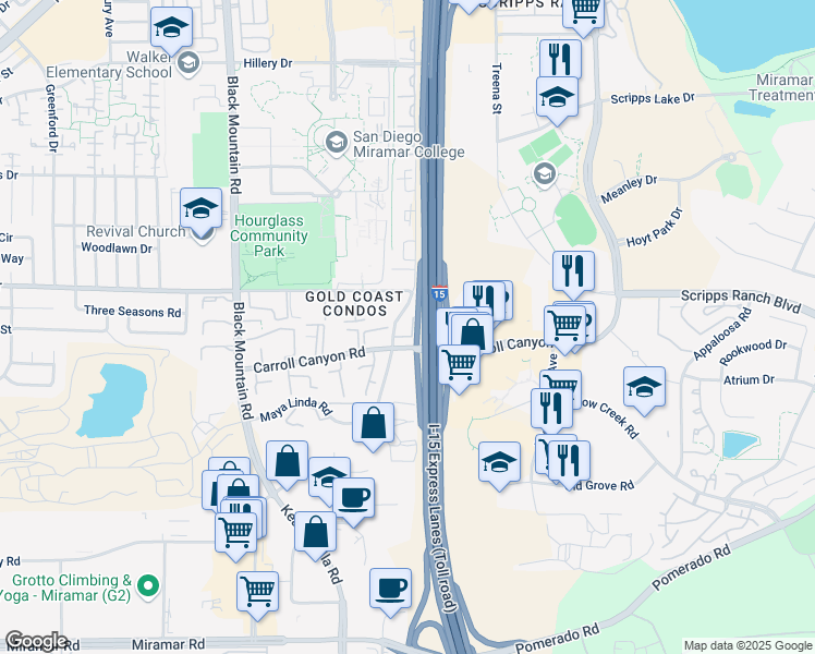 map of restaurants, bars, coffee shops, grocery stores, and more near 10240 Maya Linda Road in San Diego