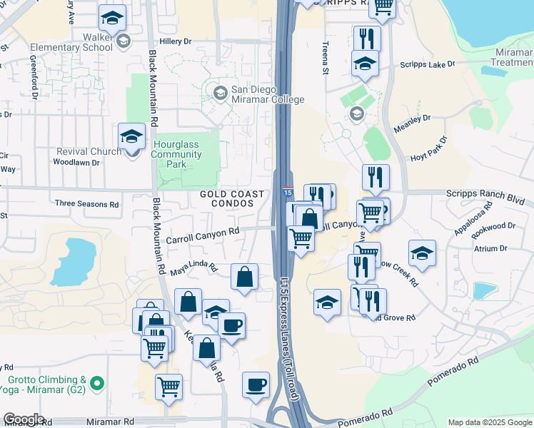 map of restaurants, bars, coffee shops, grocery stores, and more near 10272 Maya Linda Road in San Diego