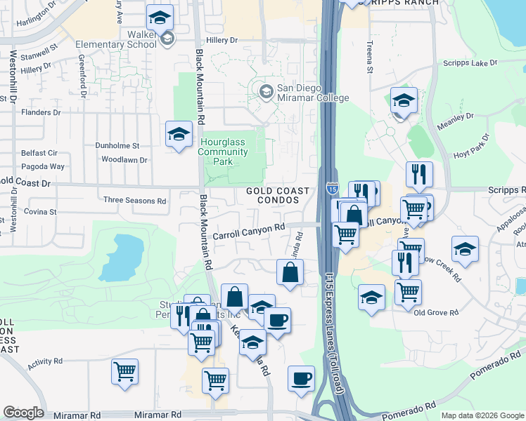 map of restaurants, bars, coffee shops, grocery stores, and more near 9589 Gold Coast Drive in San Diego